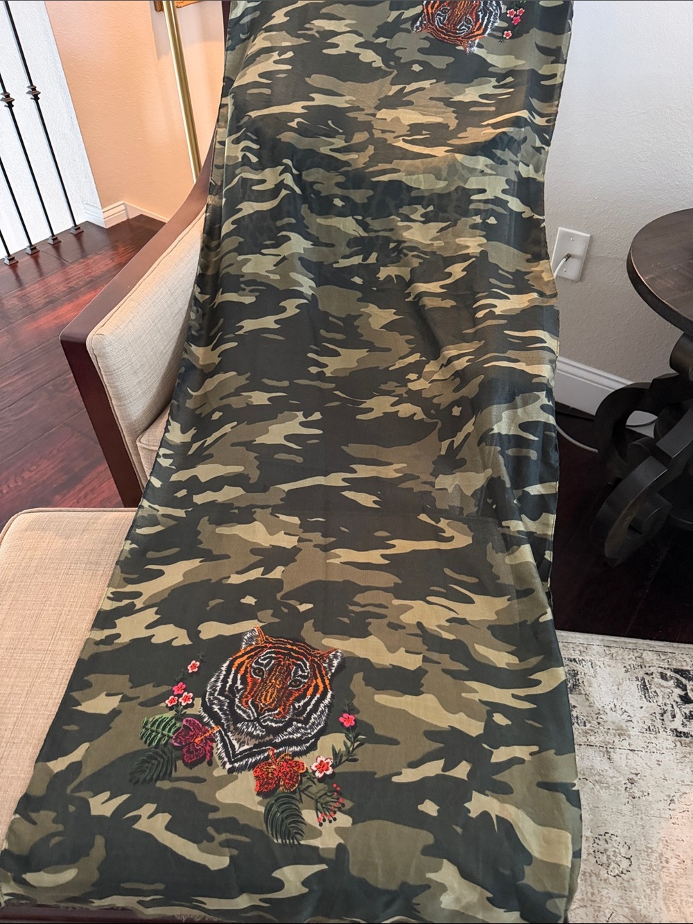 Camo Embroidered Tiger Scarf/Wrap- Olive Green